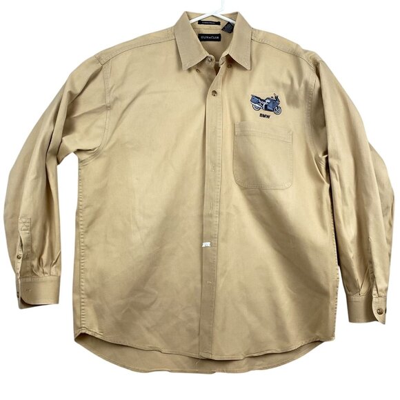BMW Embroidered Shirt Large Tan UltraClub Button-Down 100% Cotton BMW Casual - Picture 1 of 10